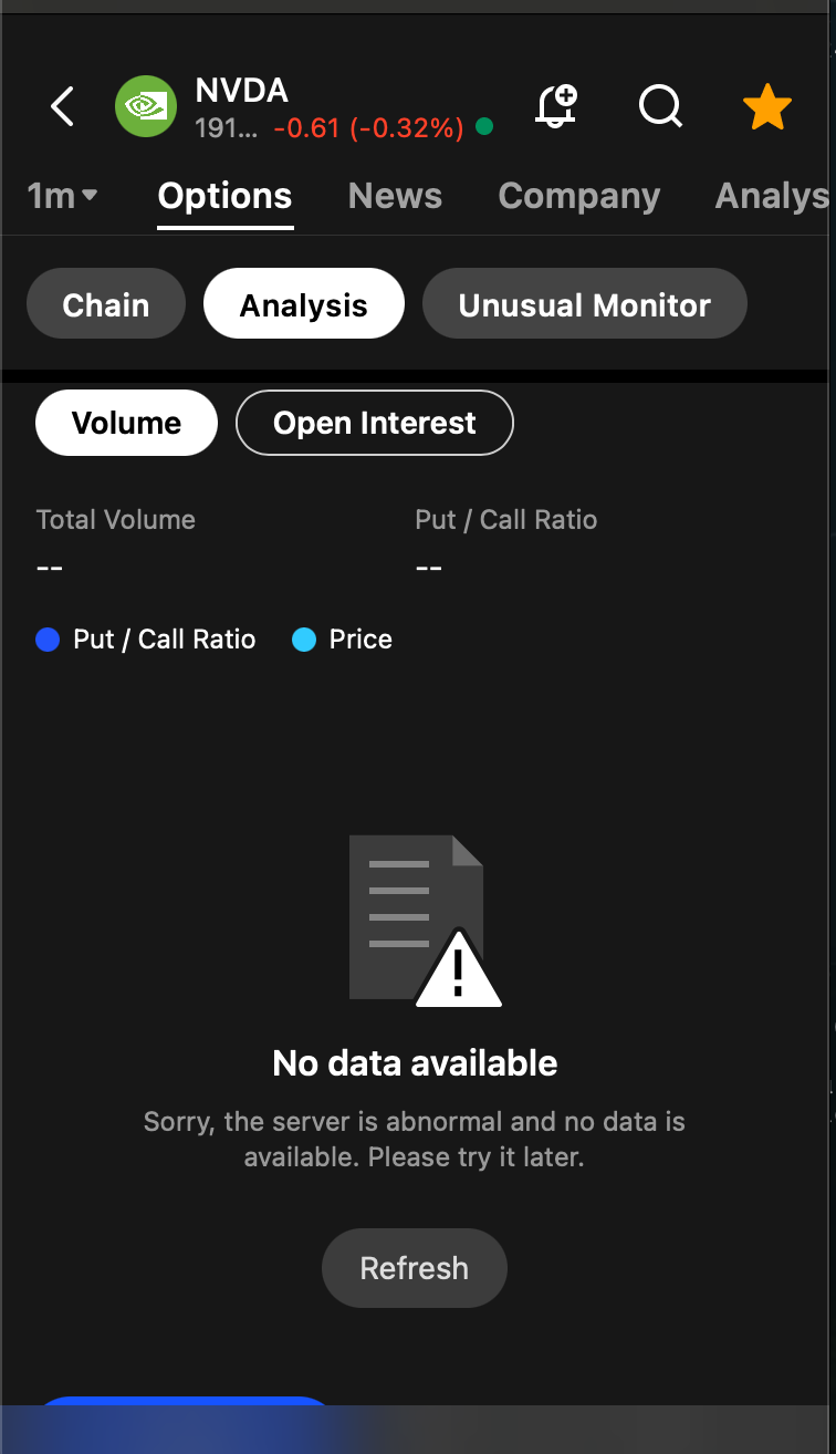 Mobile Analysis view showing the volatility section with smile chart and expiration toggles