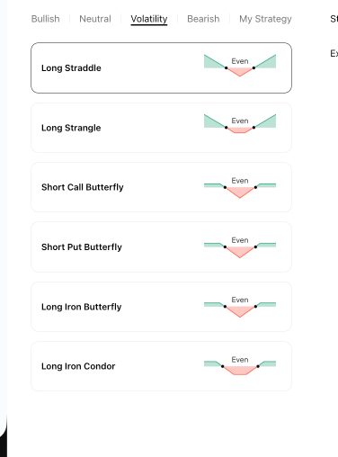 Strategy Builder Volatility tab showing available volatility strategy templates