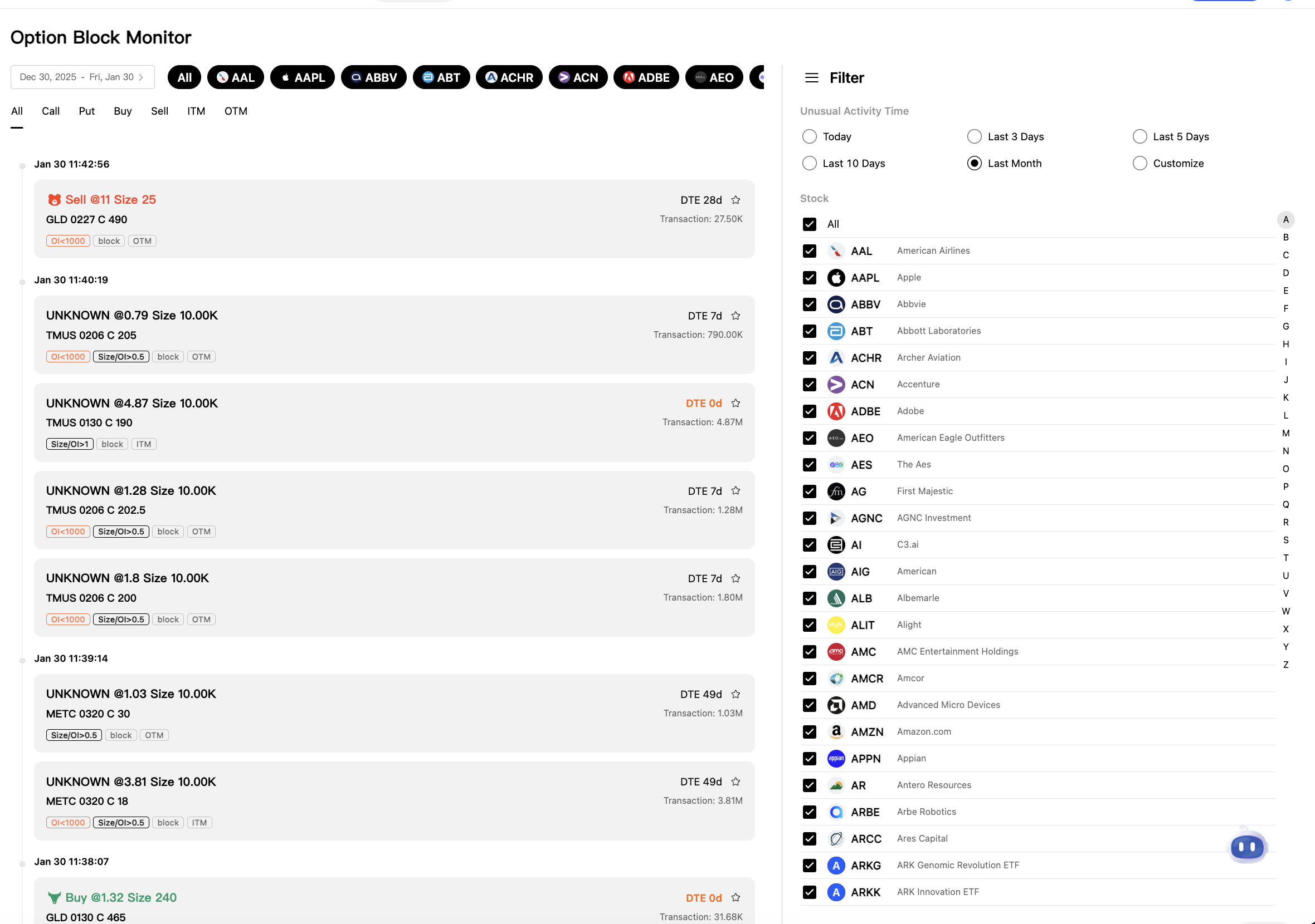 Web Block Monitor page showing full filters including date range, ticker, ITM/OTM toggles, and block trade entries with tags